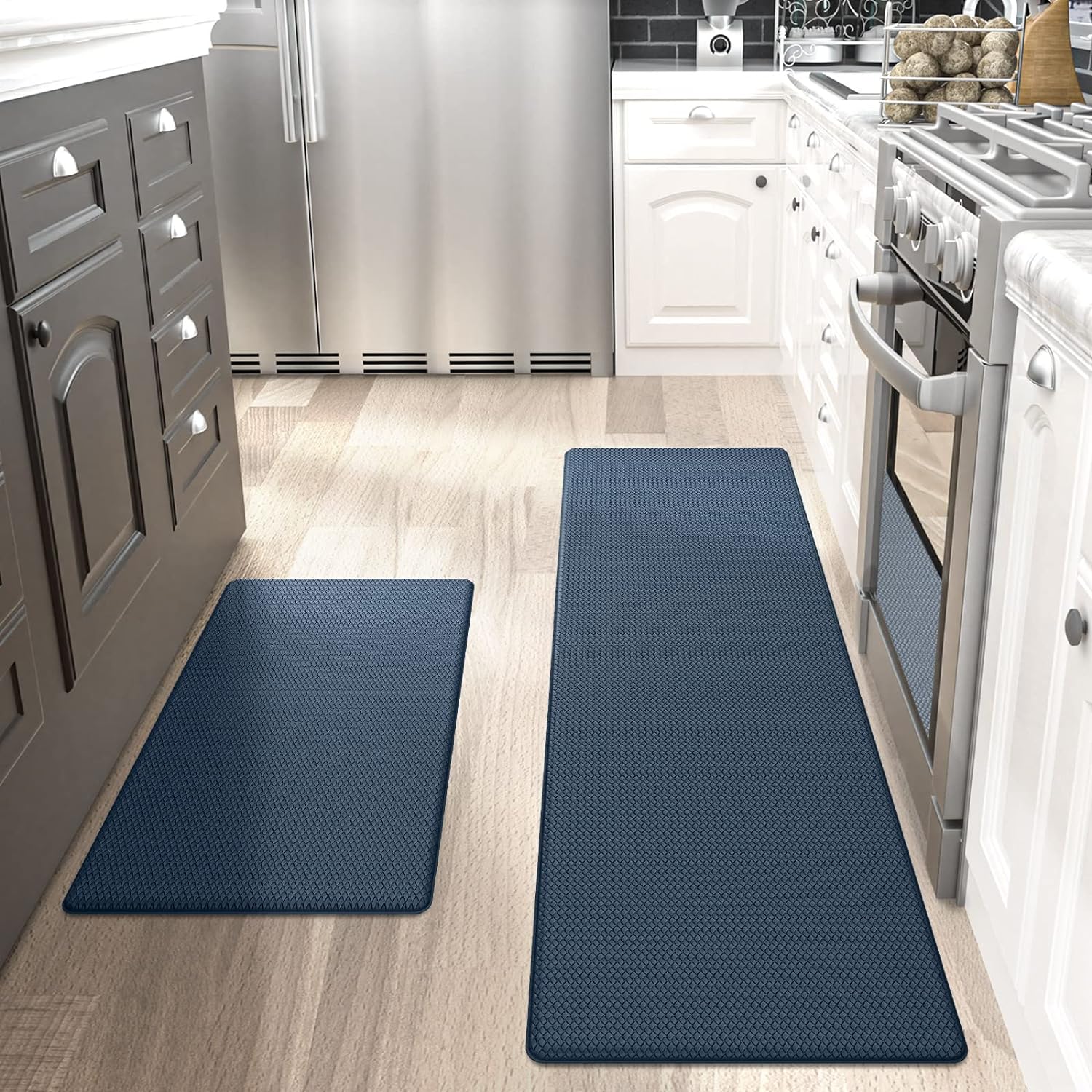 DEXI Navy Blue Kitchen Rugs and Mats Cushioned Anti Fatigue Comfort Mat 2/5Inch Non Slip Standing Rug 2 Pieces Set 17x29 17x59