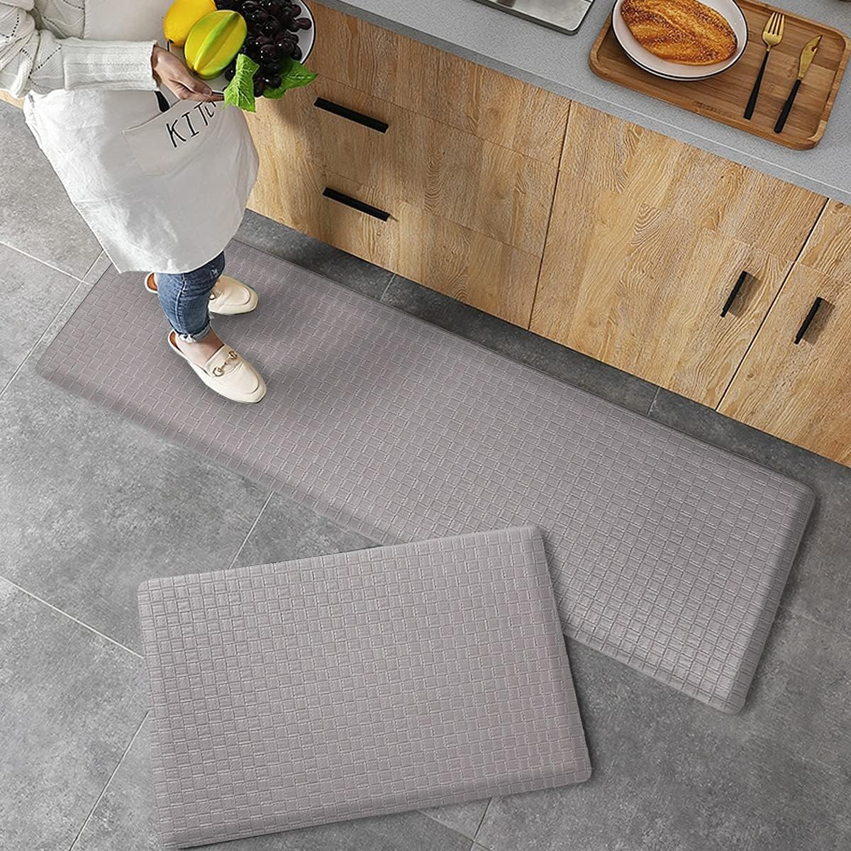 Asvin Premium Kitchen Mat Set, Anti Fatigue PVC Kitchen Floor Mat and Rug, 17x30 17x47, Cushioned, Waterproof, Heavy Duty Kitchen Sink Mat for Home, Farmhouse, Indoor, Grey