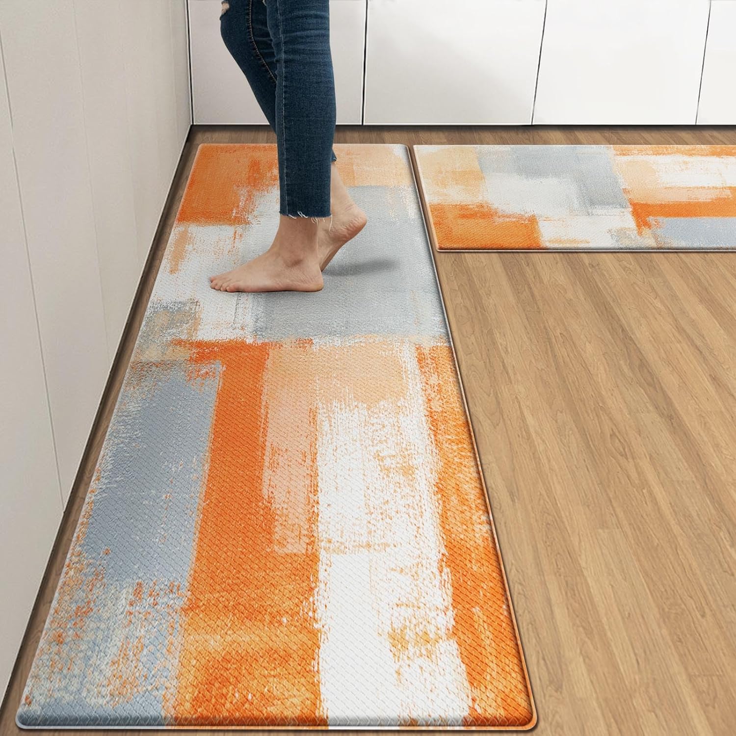 Arttown Anti-Fatigue Kitchen Rug Set of 2 Orange Grey Abstract Cushioned Kitchen Floor Mat, Standing Mat Waterproof Non-Slip Kitchen Mats and Rugs PVC Ergonomic Comfort Foam Rug for Kitchen