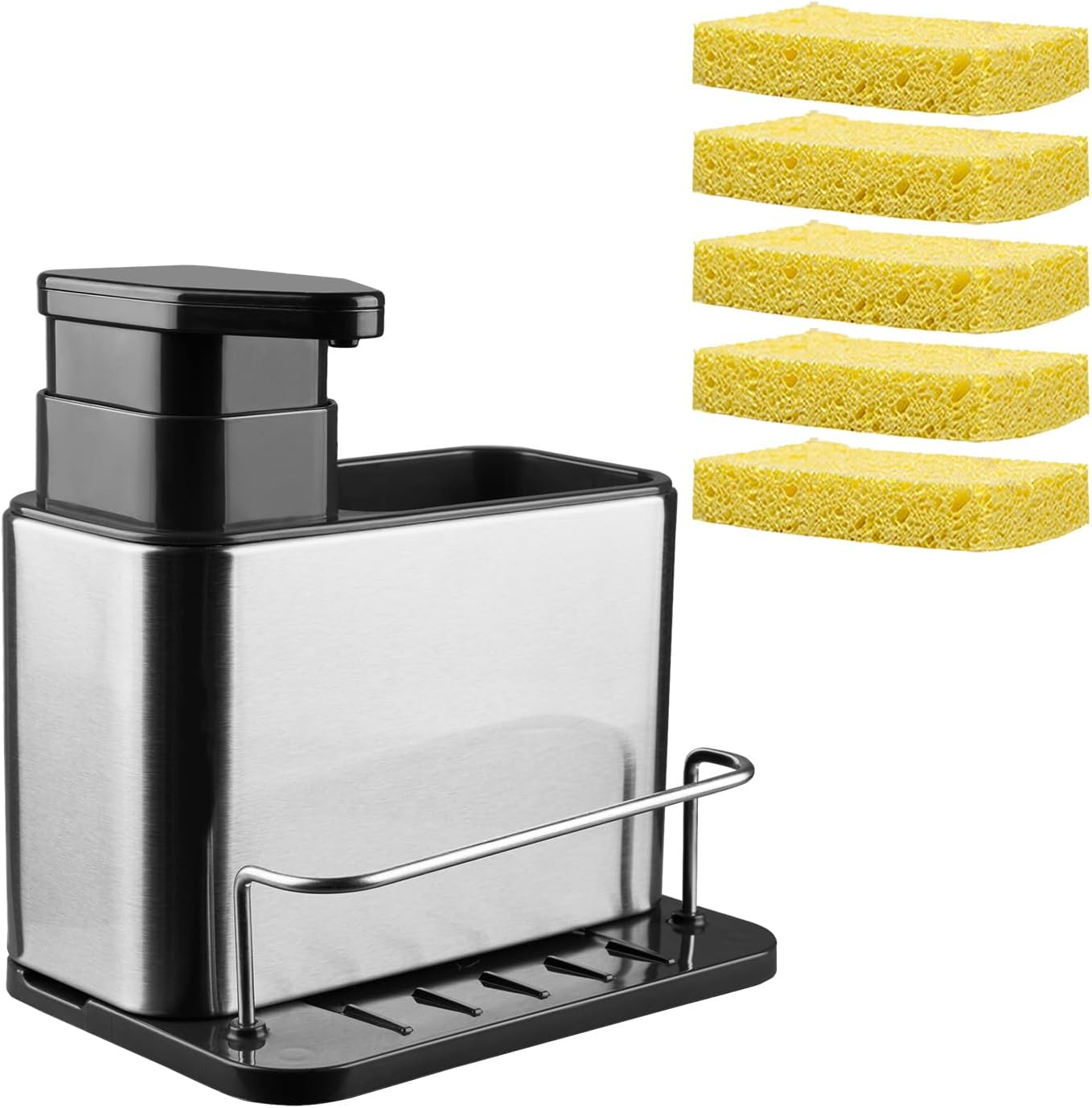 Soap Dispenser with Sponge Holder for Kitchen Sink & 5 Pack Dish Sponges,Stainless Steel Kitchen Sink Caddy Organizer,Brush Holder (03)