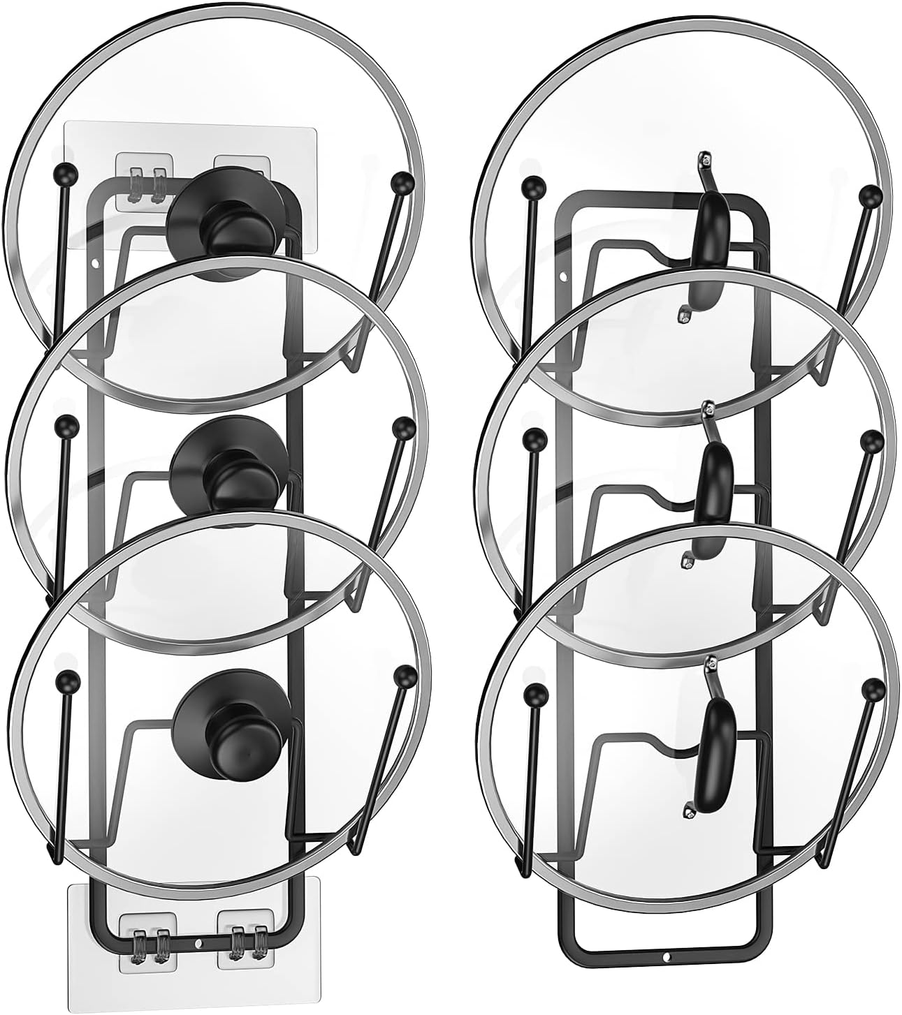 Carry360 2 Pack Pot Lid Organizer Rack, 6 Tier Pot Lids Holder for Cabinet Door/Wall Mount, Reusable Pot Lid Rack Holder for Kitchen Storage with No Drilling Adhesive (Black)