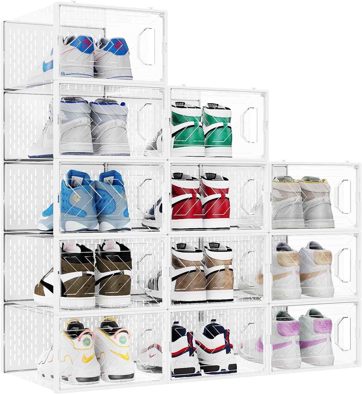 BomSaluka 12 Pack Shoe Storage Box,Clear Plastic Stackable Shoe Organizer for Closet,Space Saving Foldable Shoe Holders, Easy Assembly Shoe Storage Cabinet Shoes Display Case Shoe Container Bins