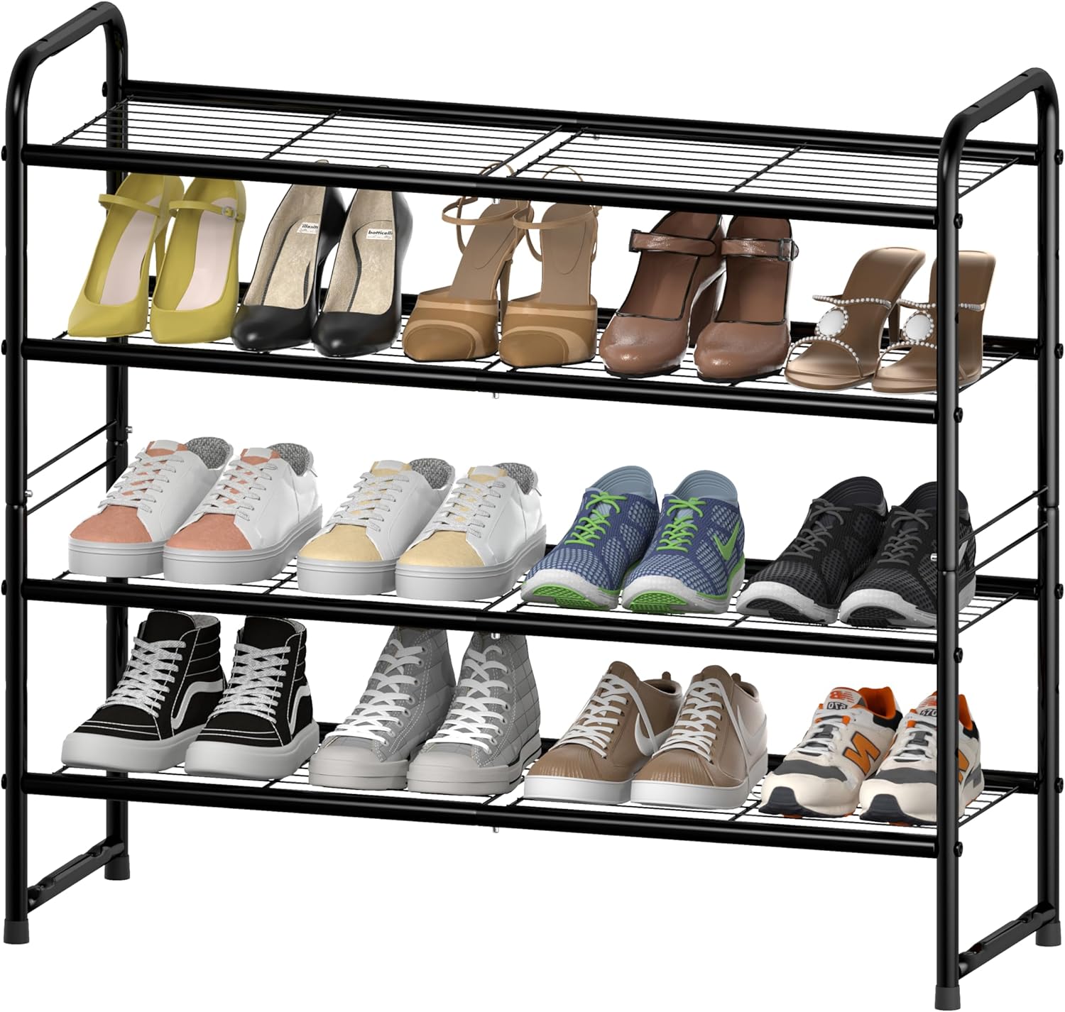 SUFAUY Shoes Rack Shelf for Closet Metal Stackable Shoe Organizer, Expandable & Adjustable Storage Shelves, Wire Grid, 4-Tier, Black