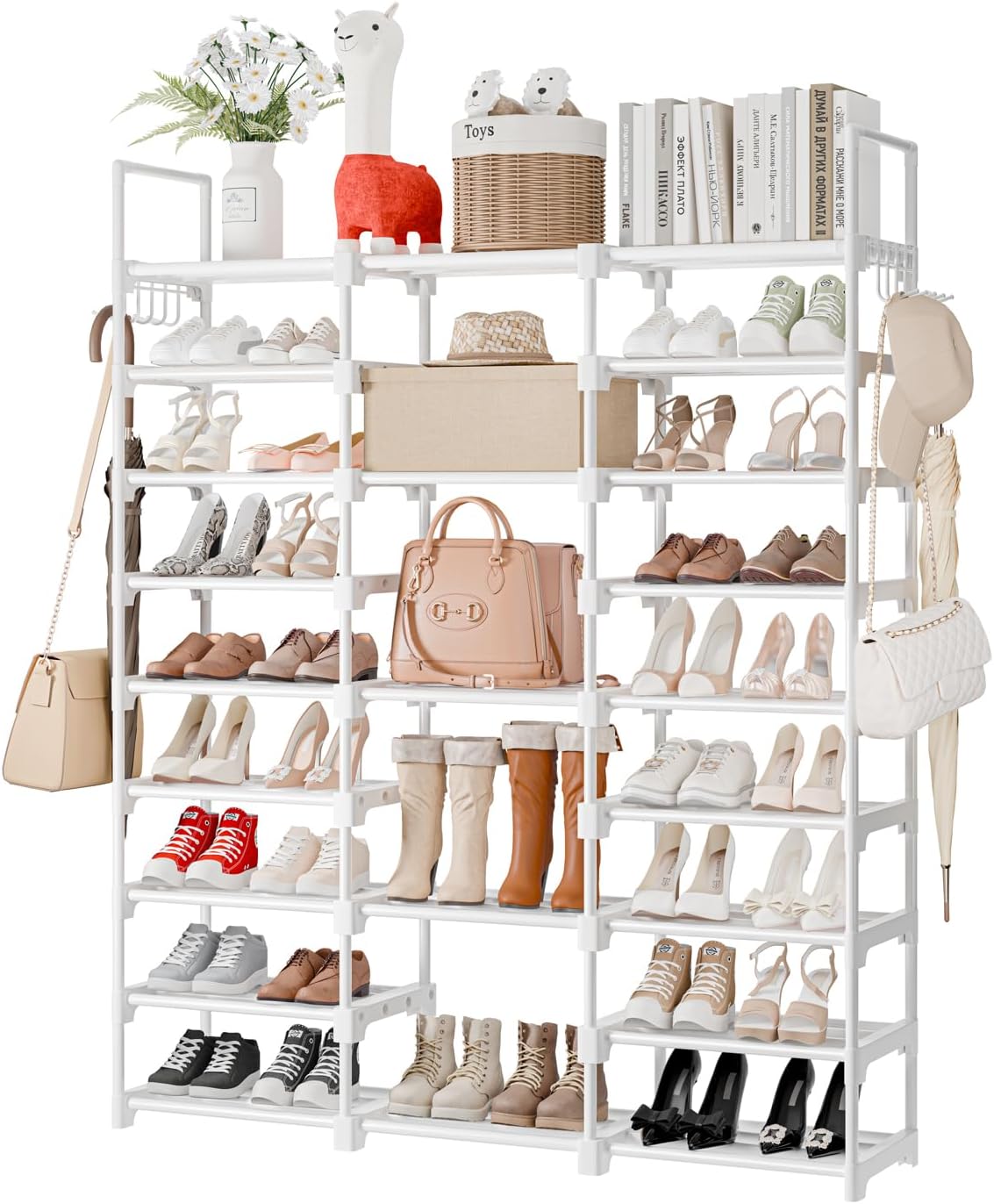 LANTEFUL 9 Tier Tall Shoe Rack - Large Shoe Rack Organizer Sturdy Metal Shoe Storage 50-55 Pairs Shoe and Boots Space Saving Free Standing Shoe Rack Shelf for Entryway, Dorm, Small Spaces,White