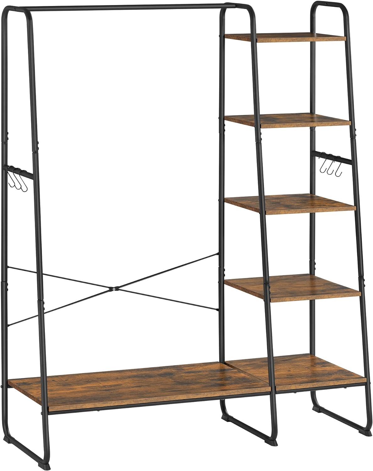 VASAGLE Clothes Rack, Clothing Rack with Shoe Shelf, 5-Tier Storage Rack, 6 Side Hooks, for Bedroom, Living Room, Rustic Brown and Black URGR116B01