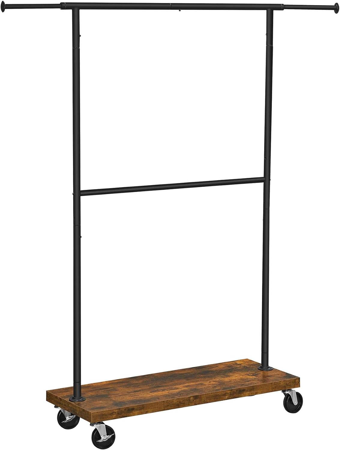 VASAGLE Clothes Rack, Clothing Rack with Wheels, 43.3-66.9 Inch Extendable Bar, Height-adjustable Garment Rack, 332 lb Load, 2 Brakes, Heavy-Duty, Industrial, Rustic Brown and Black URGR111B01V1