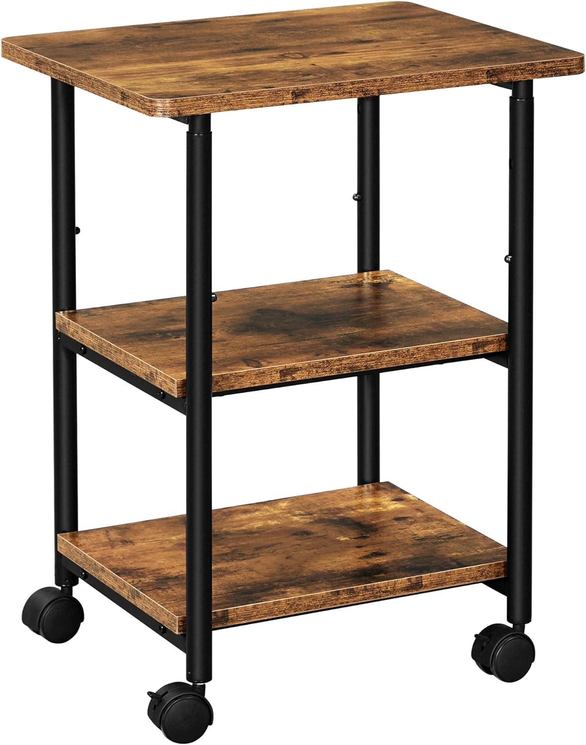 VASAGLE Industrial Printer Stand, 3-Tier Machine Cart with Wheels and Adjustable Table Top, Heavy Duty Storage Rack for Office and Home, Rustic Brown and Black UOPS003B01