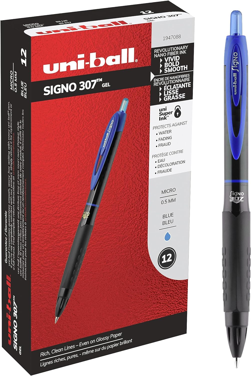 Uniball 307, 0.5mm Micro Point Gel Pens 12 Pack Blue Colored Pens, Pens Fine Point, Smooth Writing, Pens Bulk for Office Supplies, Uniball Sells Gel Pens, Ballpoint Pens, and Ink Pens