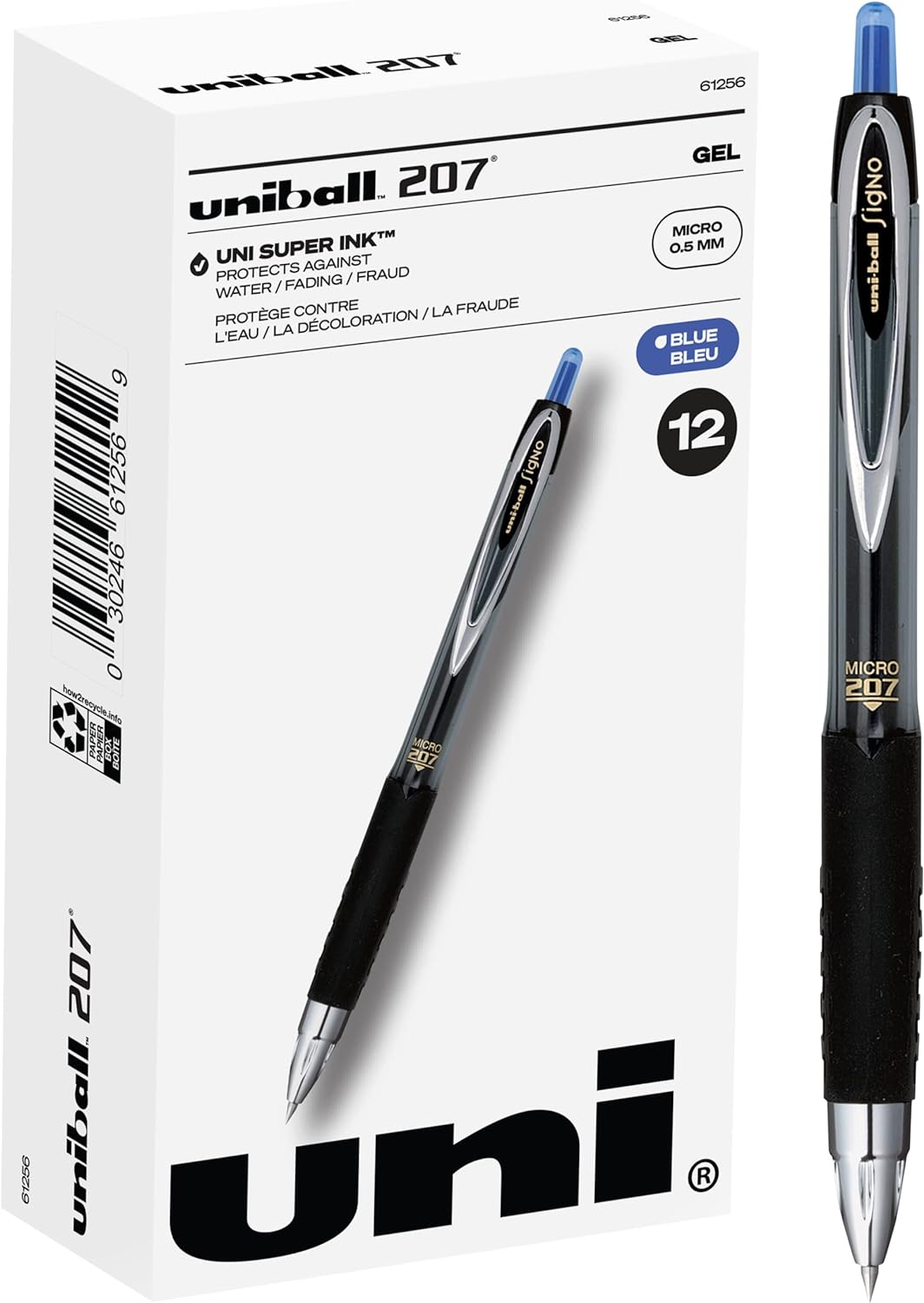 Uni-ball 207 Retractable Fraud Prevention Gel Pens, Micro Point, 0.5 mm, Black Barrels, Blue Ink, Pack Of 12