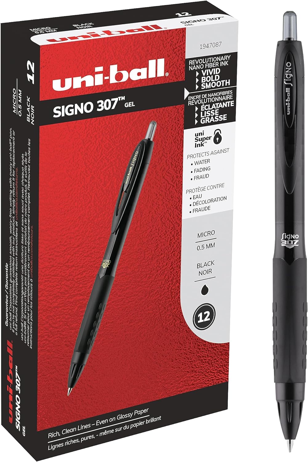 Uniball 307, 0.5mm Micro Point Gel Pens 12 Pack Black Colored Pens, Pens Fine Point, Smooth Writing, Pens Bulk for Office Supplies, Uniball Sells Gel Pens, Ballpoint Pens, and Ink Pens