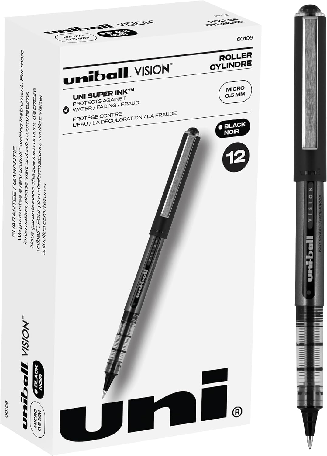 Uniball Vision Rollerball Pens, Black Pens Pack of 12, Fine Point Pens with 0.5mm Micro Tip Ink Pen, Pens Fine Point Smooth Writing Pens, Bulk Pens, and Office Supplies