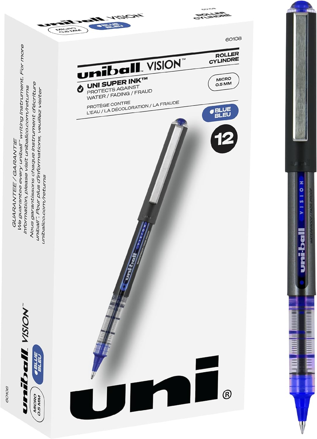 Uniball Vision Rollerball Pens, Blue Pens Pack of 12, Micro Point Pens with 0.5mm Micro Blue Ink, Ink Black Pen, Pens Fine Point Smooth Writing Pens, Bulk Pens, and Office Supplies