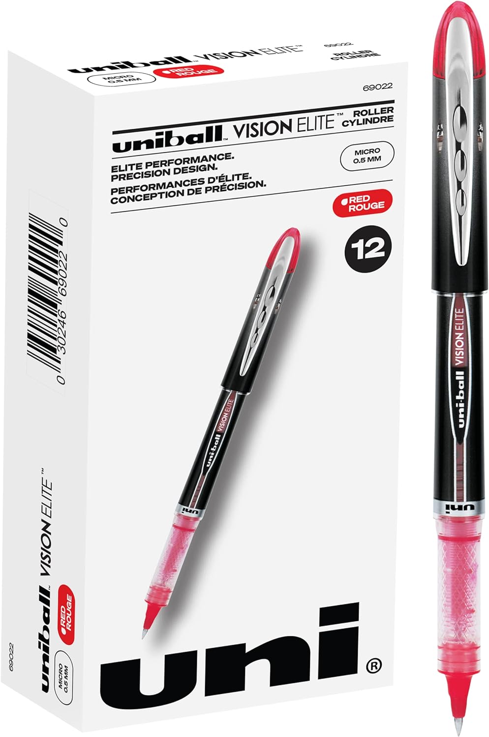 Uniball Vision Elite Rollerball Pens, Red Pens Pack of 12, Micro Pens with 0.5mm Ink, Ink Black Pen, Pens Fine Point Smooth Writing Pens, Bulk Pens, and Office Supplies