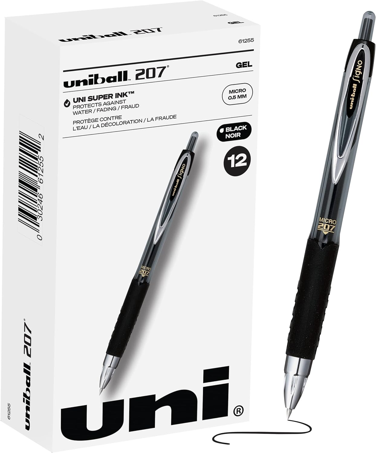 uni-ball 61255 Signo Gel 207 Roller Ball Retractable Gel Pen Black Ink Micro Fine Dozen