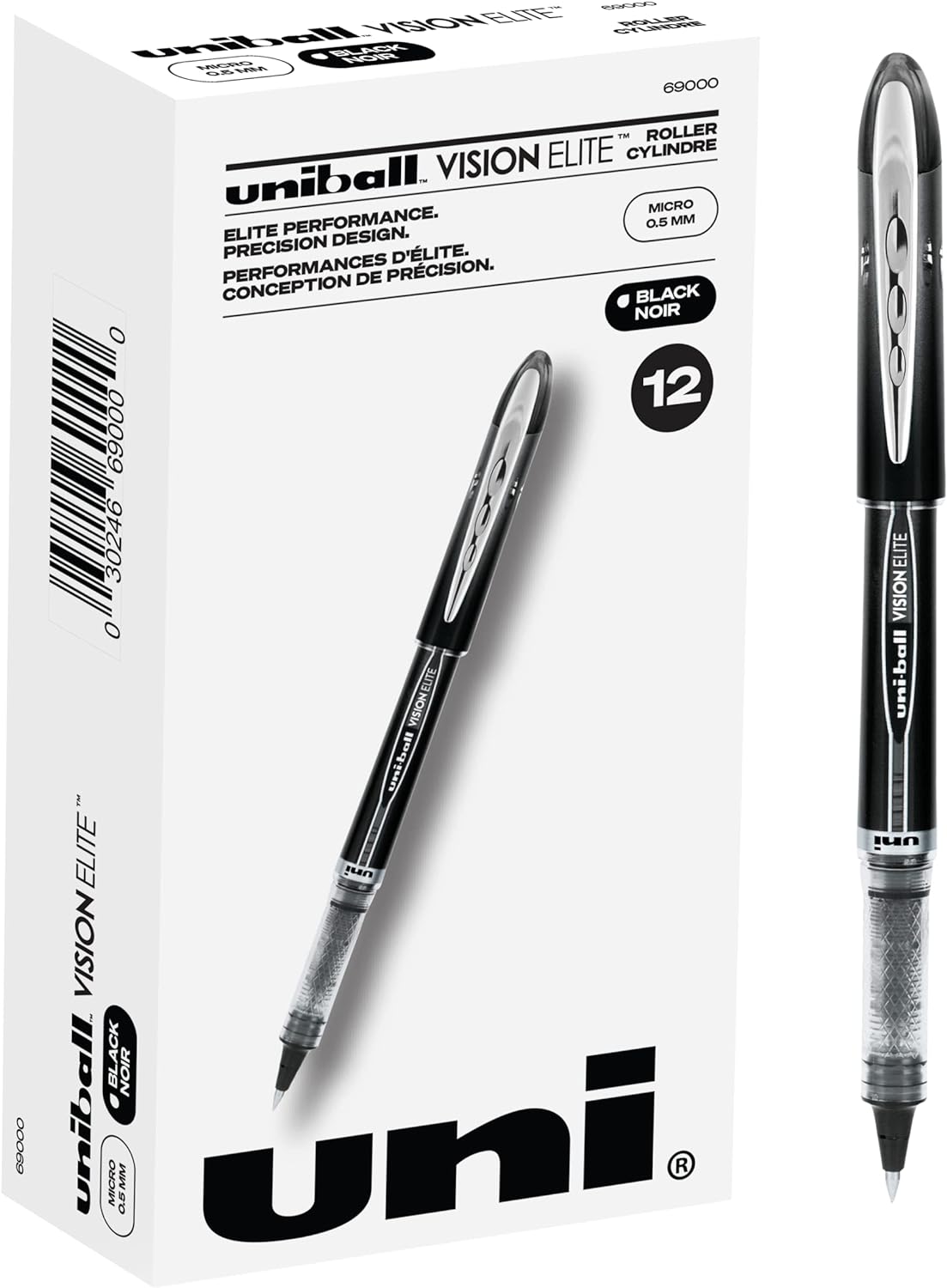 Uniball Vision Elite Rollerball Pens, Black Pens Pack of 12, Micro Pens with 0.5mm Ink, Ink Black Pen, Pens Fine Point Smooth Writing Pens, Bulk Pens, and Office Supplies