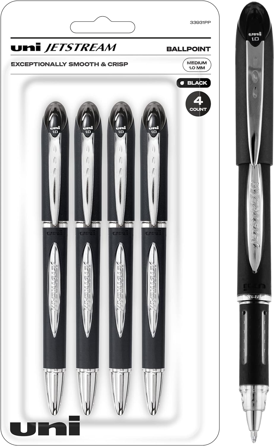 Uniball Jetstream Stick Pen 4 Pack, 1.0mm Medium Black Pens, Wirecutter Best Pen, Ballpoint Pens, Ballpoint Ink Pens | Office Supplies, Ballpoint Pen, Colored Pens, Fine Point, Smooth Writing Pens