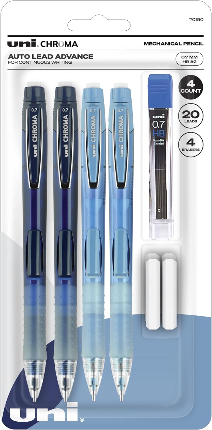 Uni-ball uniball Chroma Mechanical Pencil Woth Leasd and Eraser Refills, 0.7 Mm, Hb (#2), Black Lead, Assorted Barrel Colors, 4/Set