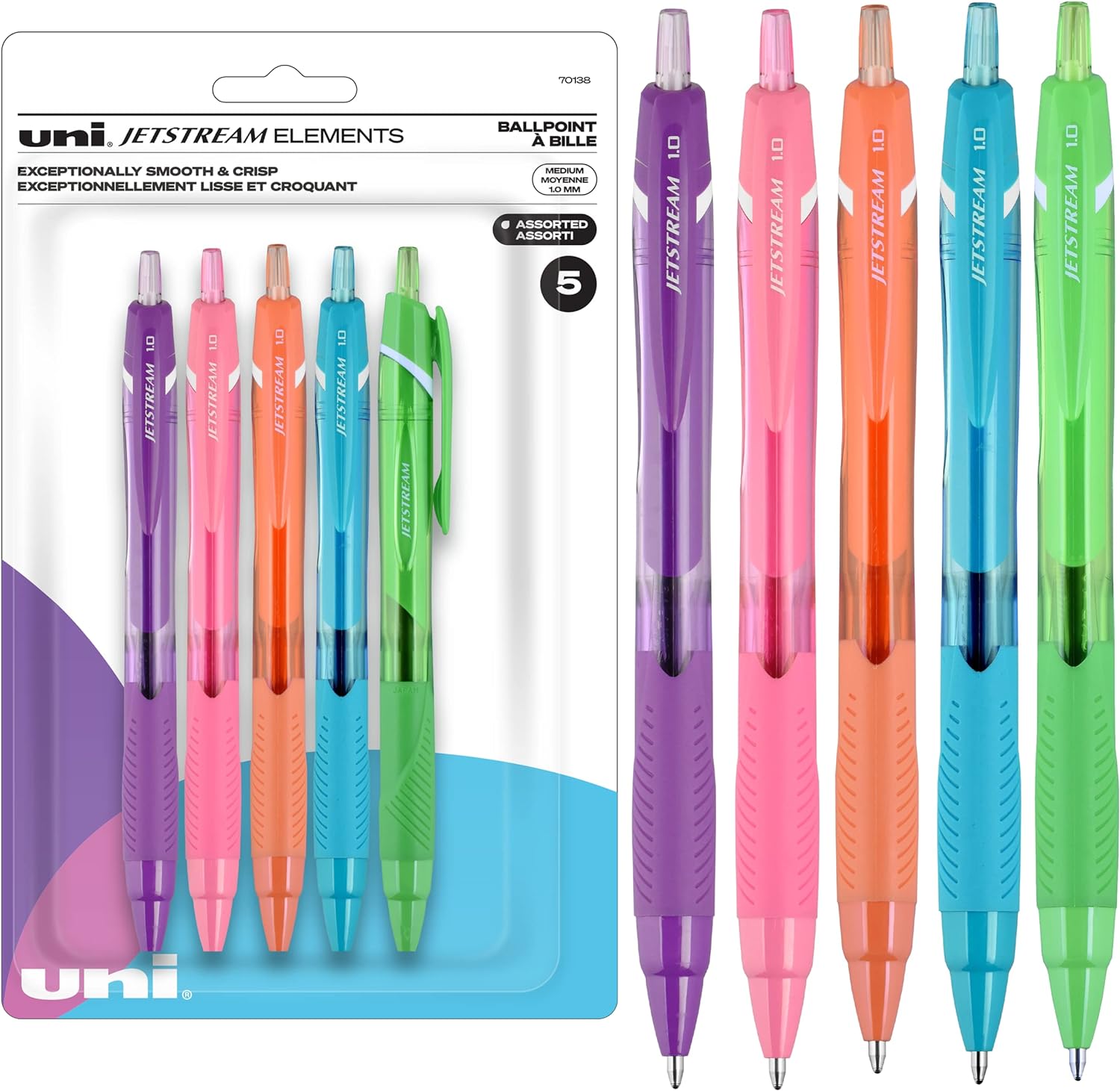 Uniball Jetstream Elements 5 Pack, 1.0mm Medium Assorted, Wirecutter Best Pen, Ballpoint Pens, Ballpoint Ink Pens | Office Supplies, Ballpoint Pen, Colored Pens, Fine Point, Smooth Writing Pens