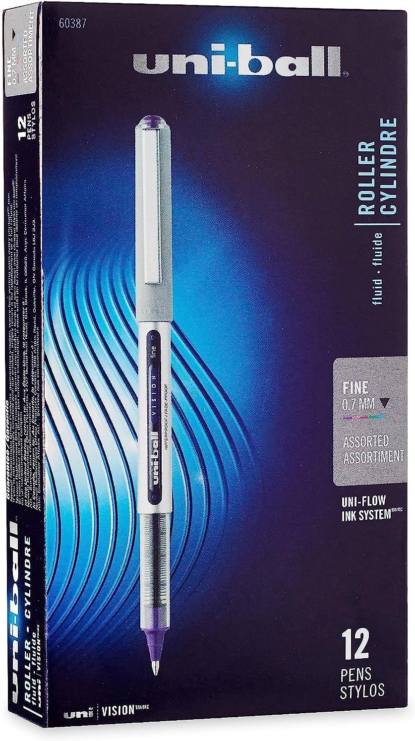 Uniball Vision Rollerball Pens, Assorted Pens Pack of 12, Fine Point Pens with 0.7mm Ink, Ink Black Pen, Pens Fine Point Smooth Writing Pens, Bulk Pens, and Office Supplies