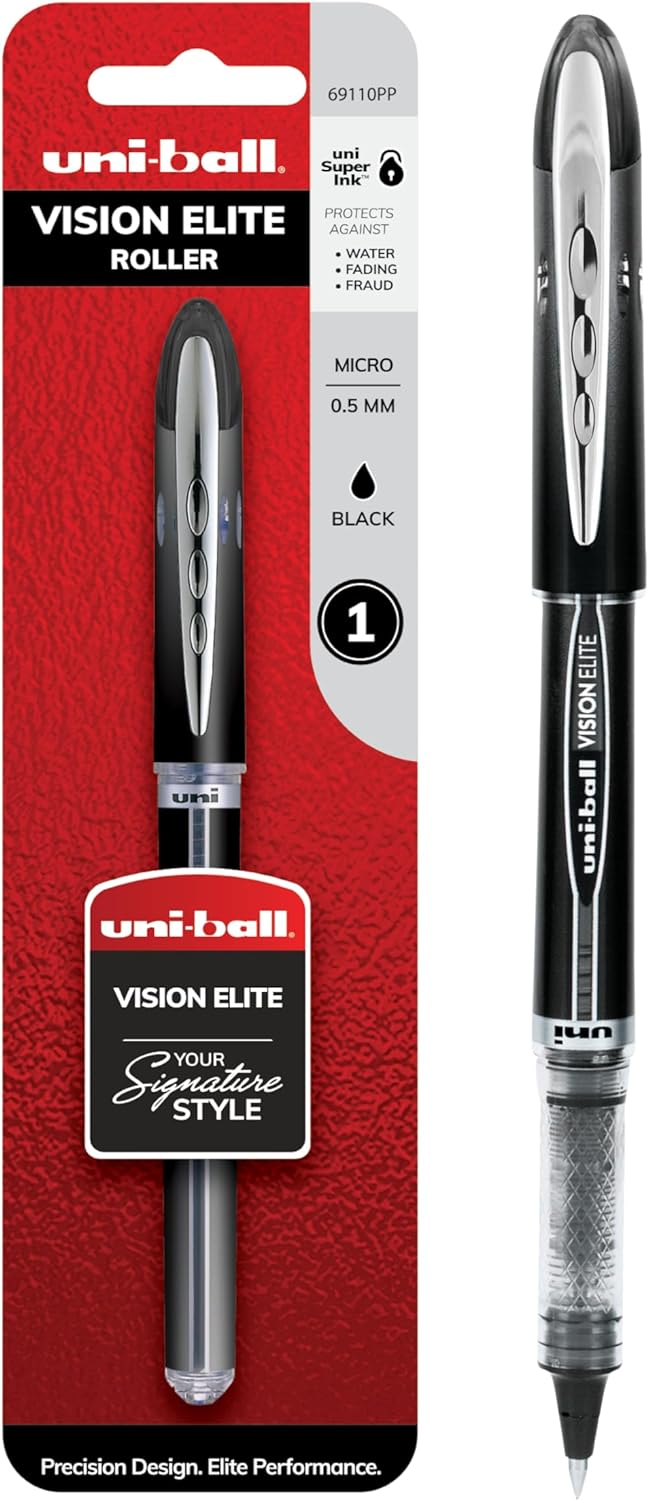 Uniball Vision Elite Rollerball Pens, Black Pen, Micro Pens with 0.5mm Ink, Ink Black Pen, Pens Fine Point Smooth Writing Pens, Bulk Pens, and Office Supplies