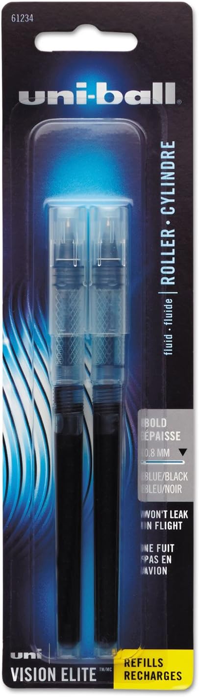 Uniball Vision Elite BLX Rollerball Pens, Blue/Black Pens Pack of 2, Bold Pens with 0.8mm Ink, Ink Black Pen, Pens Fine Point Smooth Writing Pens, Bulk Pens, and Office Supplies