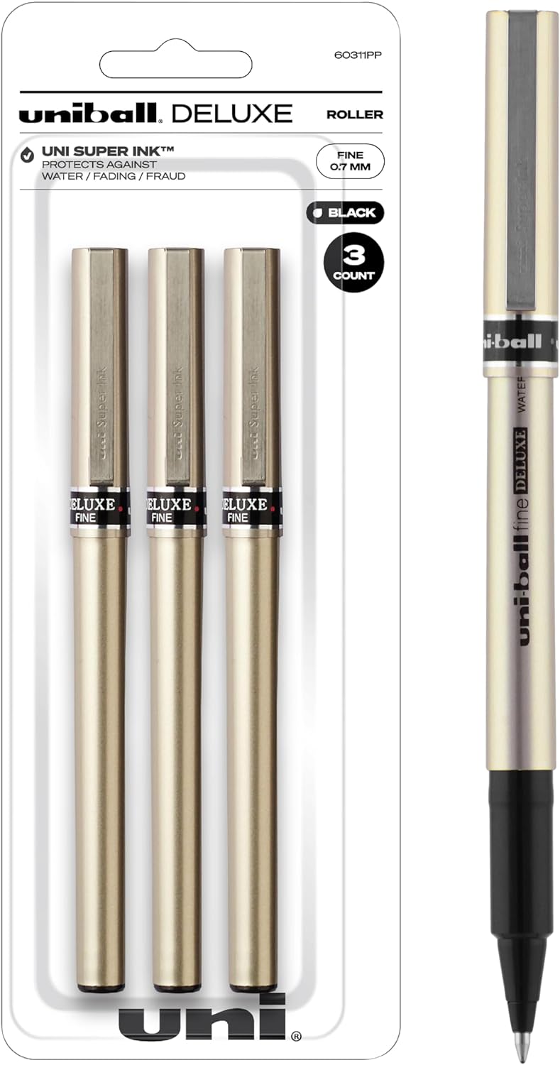 Uniball Deluxe Rollerball Pen, 3 Black Pens, 0.7mm Fine Point Roller Pens| Office Supplies, Ink Pens, Colored Pens, Fine Point, Smooth Writing Pens, Ballpoint Pens