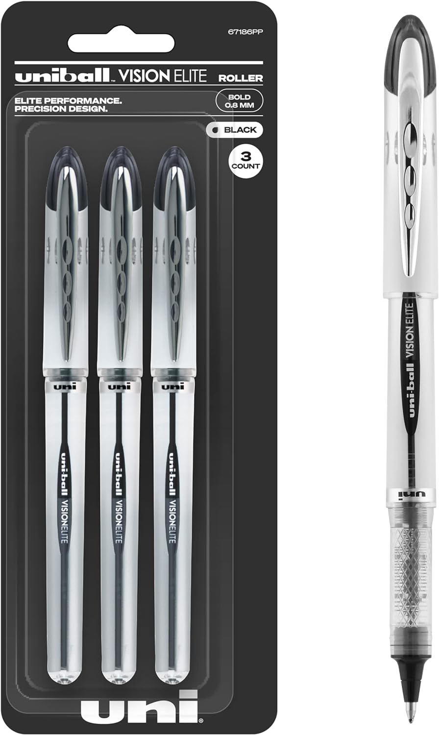 Uniball Vision Elite Rollerball Pens, Black Pens Pack of 3, Bold Pens with 0.8mm Ink, Ink Black Pen, Pens Fine Point Smooth Writing Pens, Bulk Pens, and Office Supplies