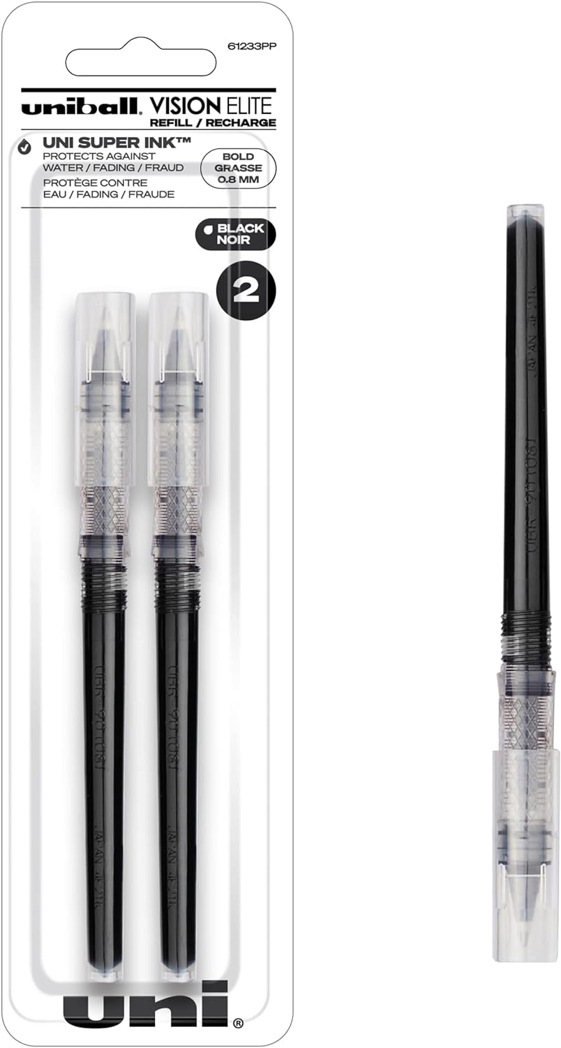 Uniball Vision Elite Rollerball Pens, Black Pen Refill Pack of 2, Bold Pens with 0.8mm Ink, Ink Black Pen, Pens Fine Point Smooth Writing Pens, Bulk Pens, and Office Supplies