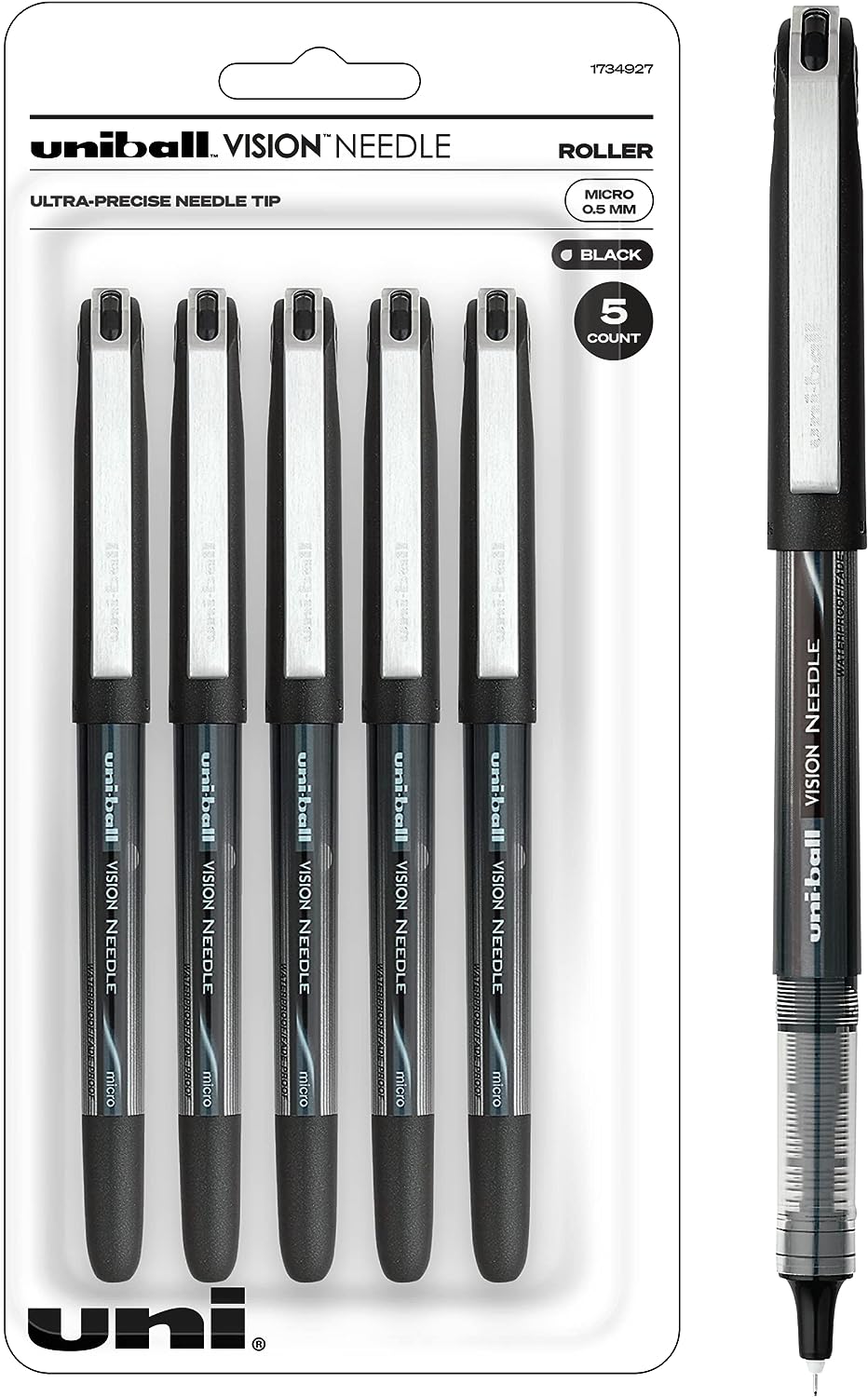 Uniball Vision Needle Rollerball Pens, Black Pens Pack of 5, Micro Pens with 0.5mm Ink, Ink Black Pen, Pens Fine Point Smooth Writing Pens, Bulk Pens, and Office Supplies