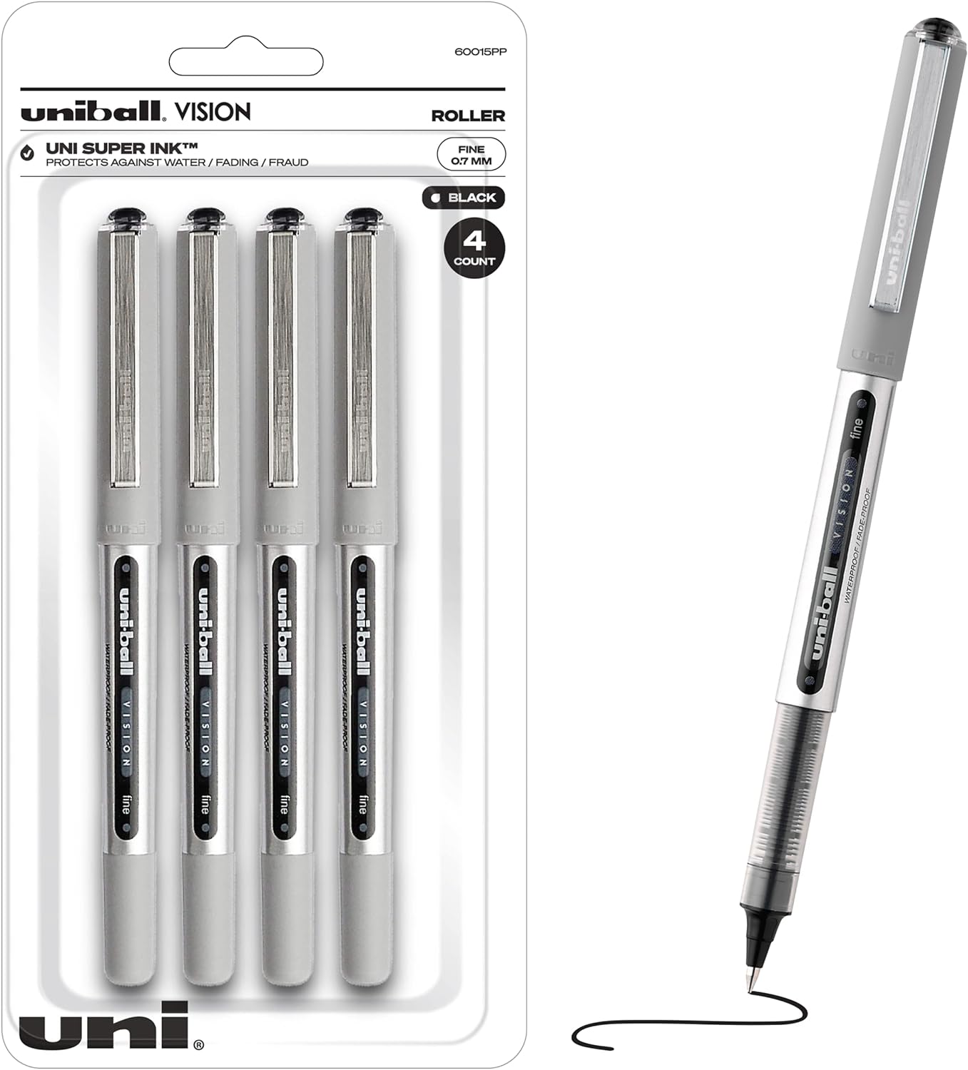 Uniball Vision Rollerball Black Pens Pack of 4, Fine Point Pens with 0.7mm Medium Black Ink, Ink Black Pen, Smooth Writing Bulk Pens, and Office Supplies