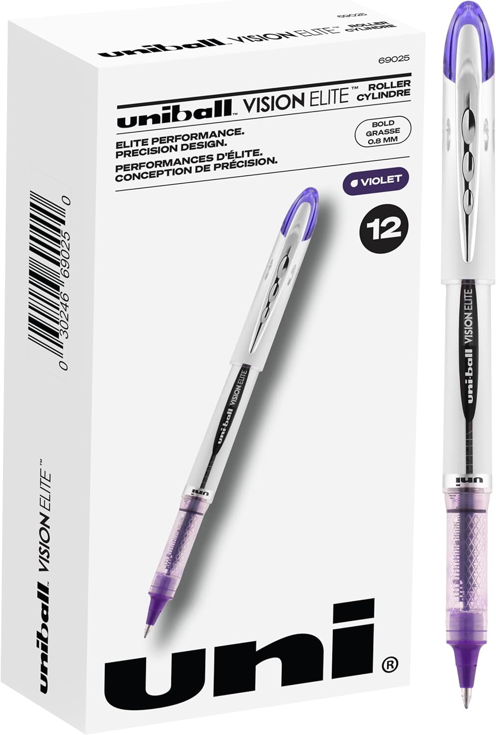 Uniball Vision Elite Rollerball Pens, Purple Pens Pack of 12, Bold Pens with 0.8mm Ink, Ink Black Pen, Pens Fine Point Smooth Writing Pens, Bulk Pens, and Office Supplies