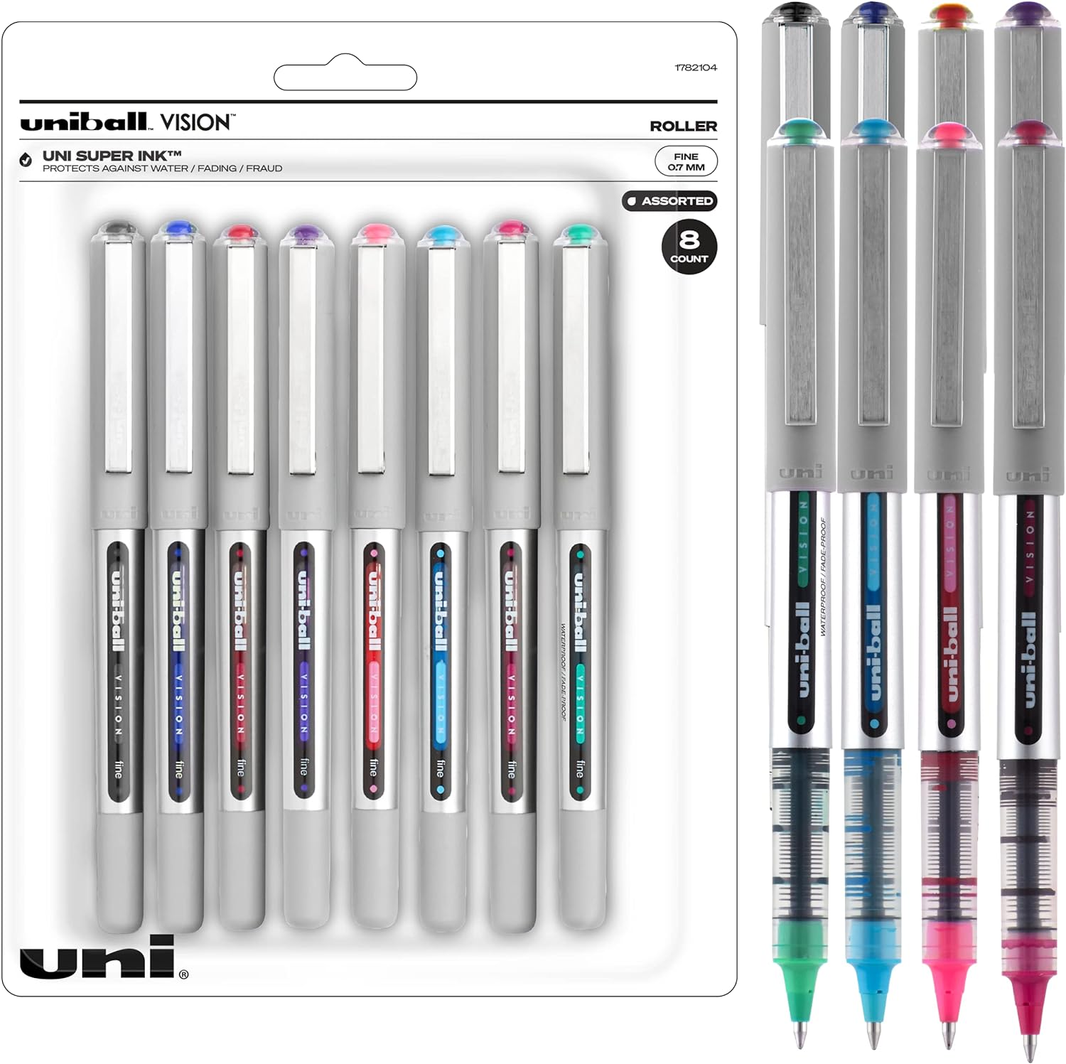 Uniball Vision Rollerball Pens, Assorted Pens Pack of 8, Fine Point Pens with 0.7mm Medium Ink, Ink Black Pen, Pens Fine Point Smooth Writing Pens, Bulk Pens, and Office Supplies