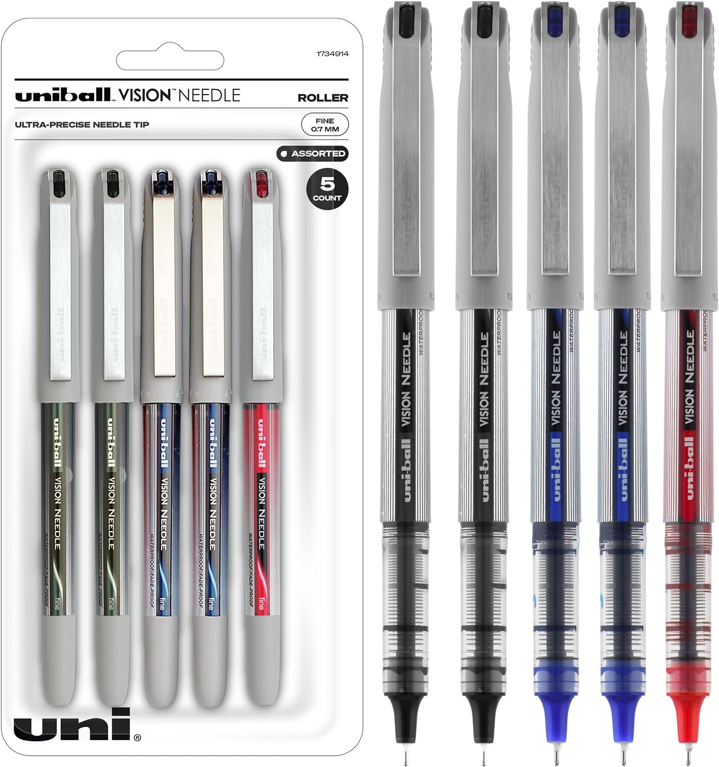 Uniball Vision Needle Rollerball Pens, Assorted Pens Pack of 5, Fine Point Pens with 0.7mm Ink