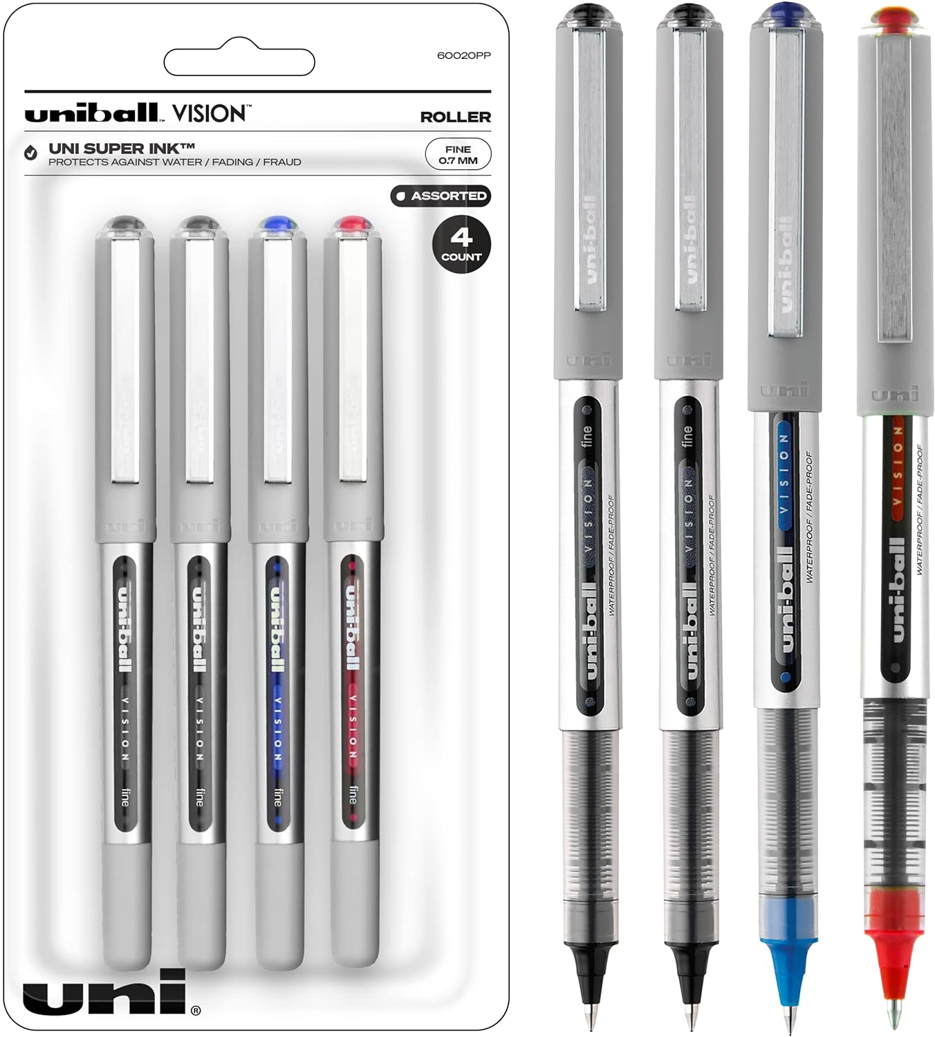 Uniball Vision Rollerball Pens, Business Pens Pack of 4, Fine Point Pens with 0.7mm Medium Business Ink, Ink Black Pen, Pens Fine Point Smooth Writing Pens, Bulk Pens, and Office Supplies