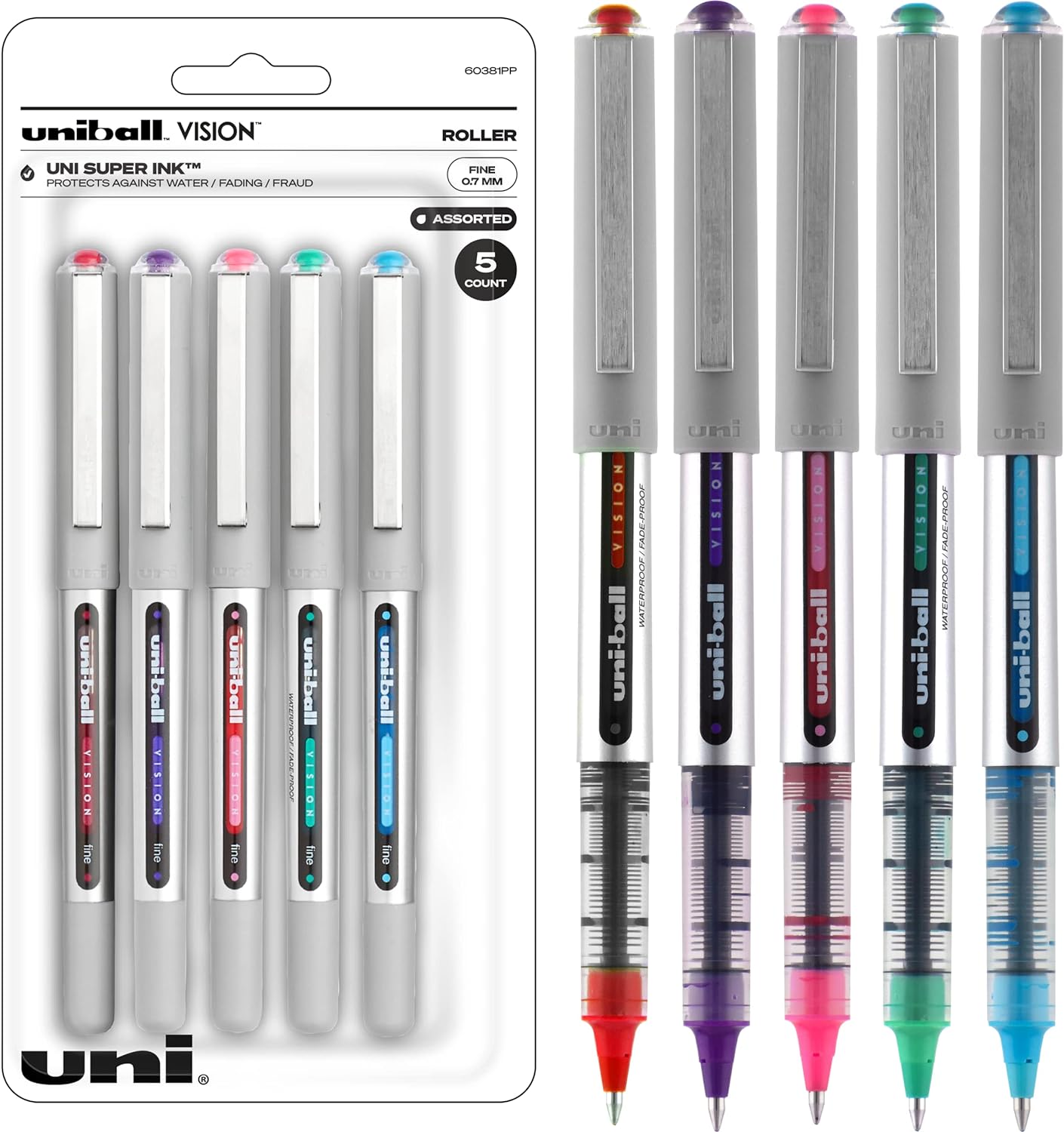 Uniball Vision Rollerball Pens, Fashion Pens Pack of 5, Fine Point Pens with 0.7mm Medium Fashion Ink, Ink Black Pen, Pens Fine Point Smooth Writing Pens, Bulk Pens, and Office Supplies