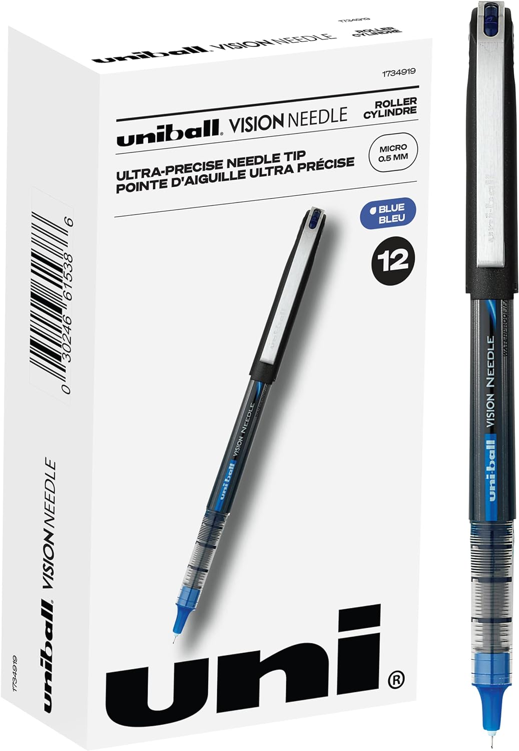 Uniball Vision Needle Rollerball Pens, Blue Pens Pack of 12, Micro Pens with 0.5mm Ink, Ink Black Pen, Pens Fine Point Smooth Writing Pens, Bulk Pens, and Office Supplies