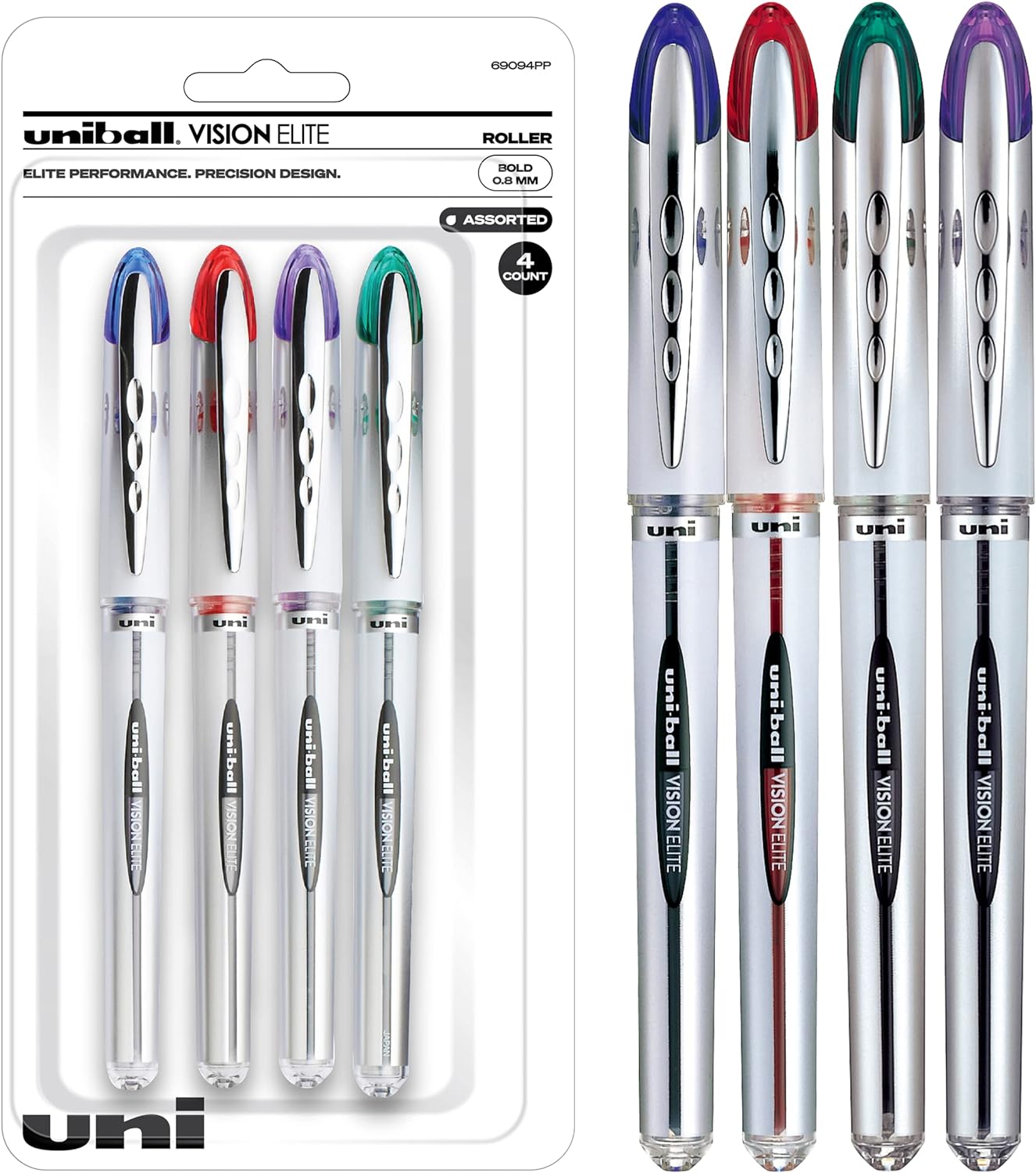 Uniball Vision Elite Rollerball Pens, Assorted Pens Pack of 4, Bold Pens with 0.8mm Ink, Ink Black Pen, Pens Fine Point Smooth Writing Pens, Bulk Pens, and Office Supplies