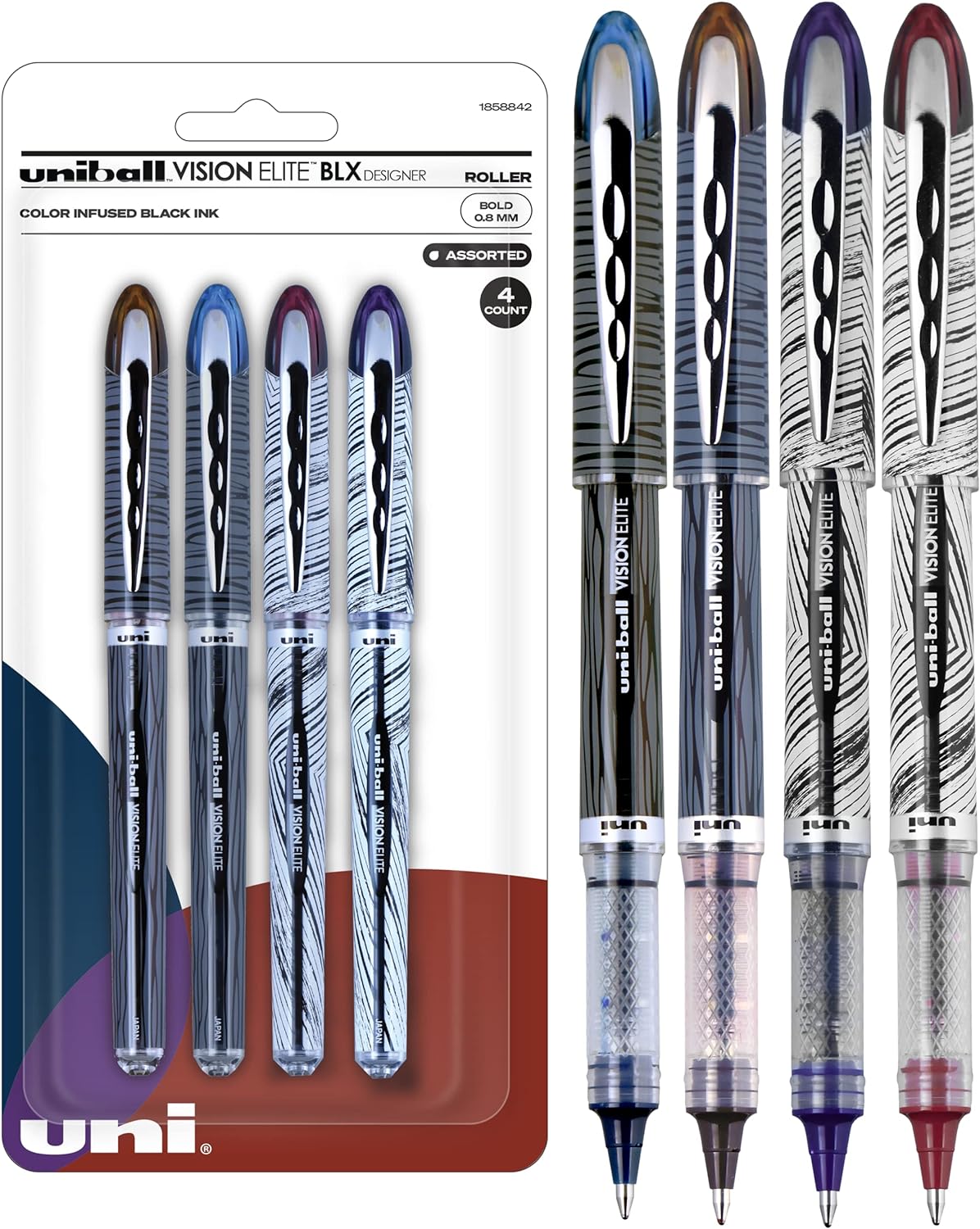 Uniball Vision Elite Designer Rollerball Pens, Assorted Pens Pack of 4, Bold Point Pens with 0.8mm Bold Ink, Ink Black Pen, Pens Fine Point Smooth Writing Pens, Bulk Pens, and Office Supplies