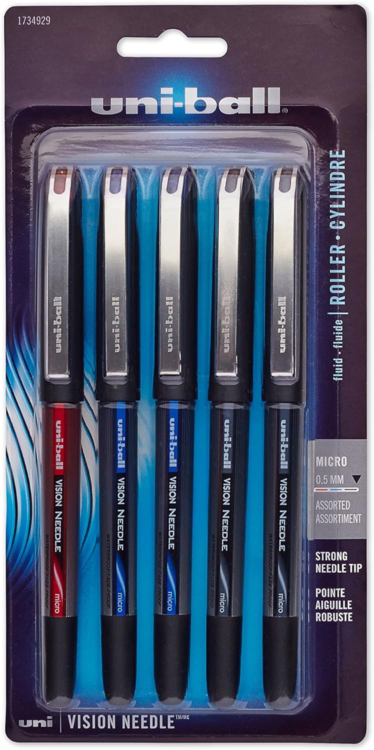 Uniball Vision Needle Rollerball Pens, Assorted Pens Pack of 5, Micro Point Pens with 0.5mm Ink