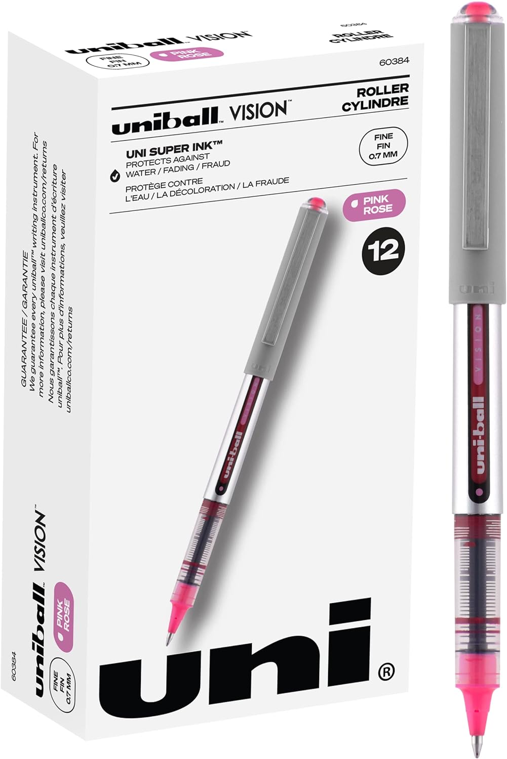 Uniball Vision Rollerball Pens, Pink Pens Pack of 12, Fine Point Pens with 0.7mm Medium Pink Ink, Ink Black Pen, Pens Fine Point Smooth Writing Pens, Bulk Pens, and Office Supplies