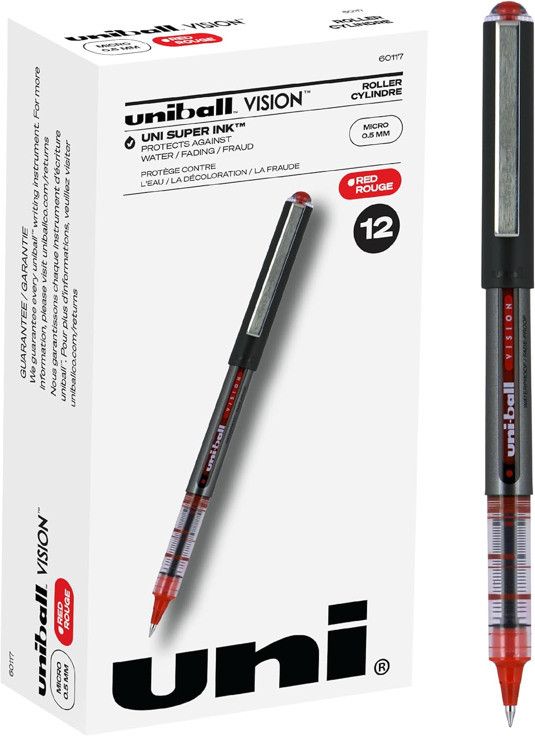 Uniball Vision Rollerball Pens, Red Pens Pack of 12, Micro Point Pens with 0.5mm Micro Red Ink, Ink Black Pen, Pens Fine Point Smooth Writing Pens, Bulk Pens, and Office Supplies