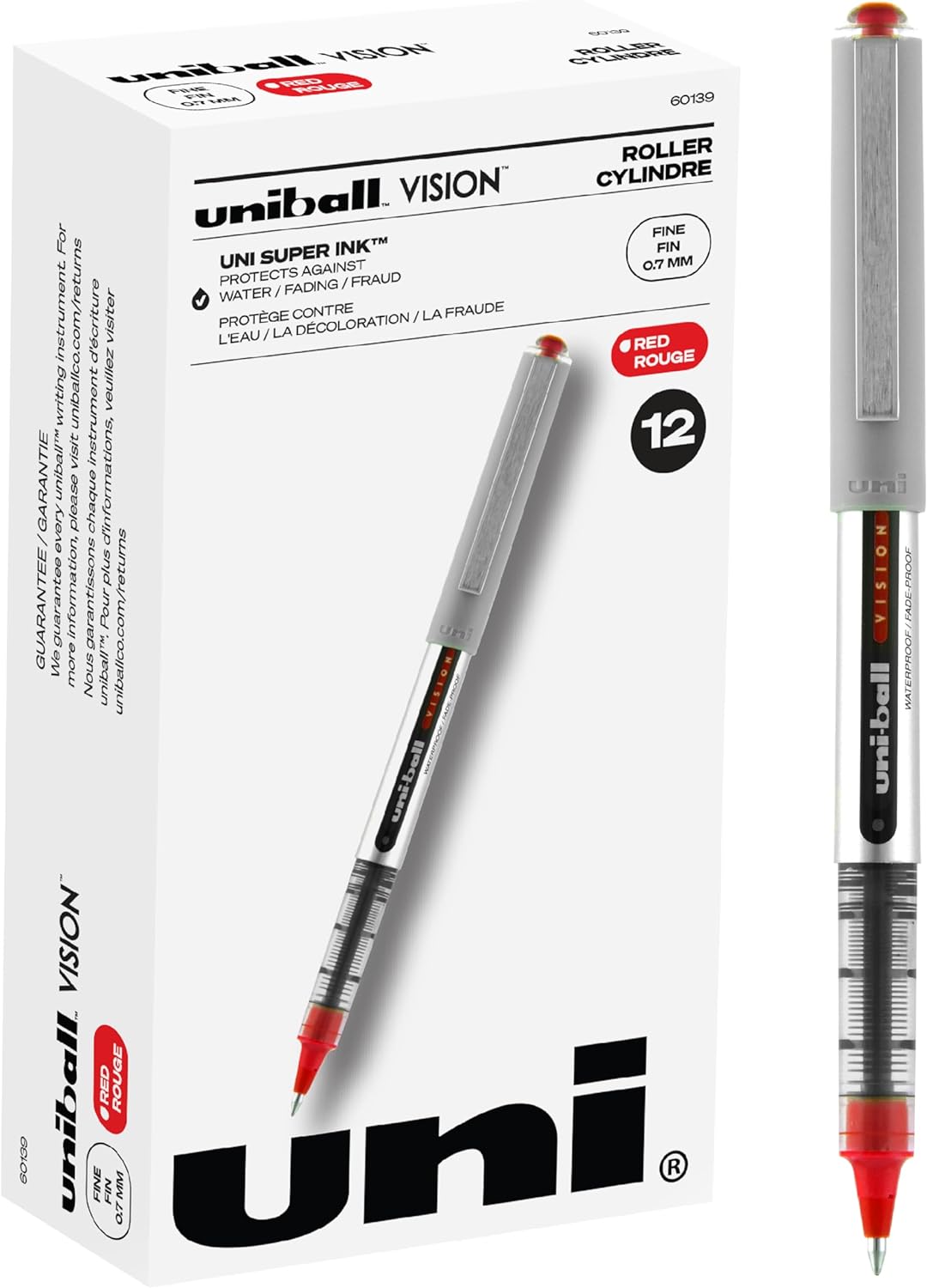 Uniball Vision Rollerball Pens, Red Pens Pack of 12, Fine Point Pens with 0.7mm Medium Red Ink, Ink Black Pen, Pens Fine Point Smooth Writing Pens, Bulk Pens, and Office Supplies