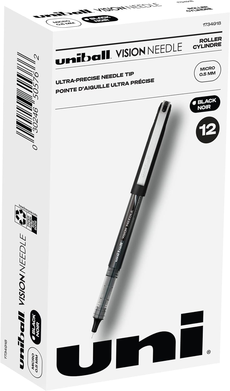 Uniball Vision Needle Rollerball Pens, Black Pens Pack of 12, Micro Pens with 0.5mm Ink, Ink Black Pen, Pens Fine Point Smooth Writing Pens, Bulk Pens, and Office Supplies