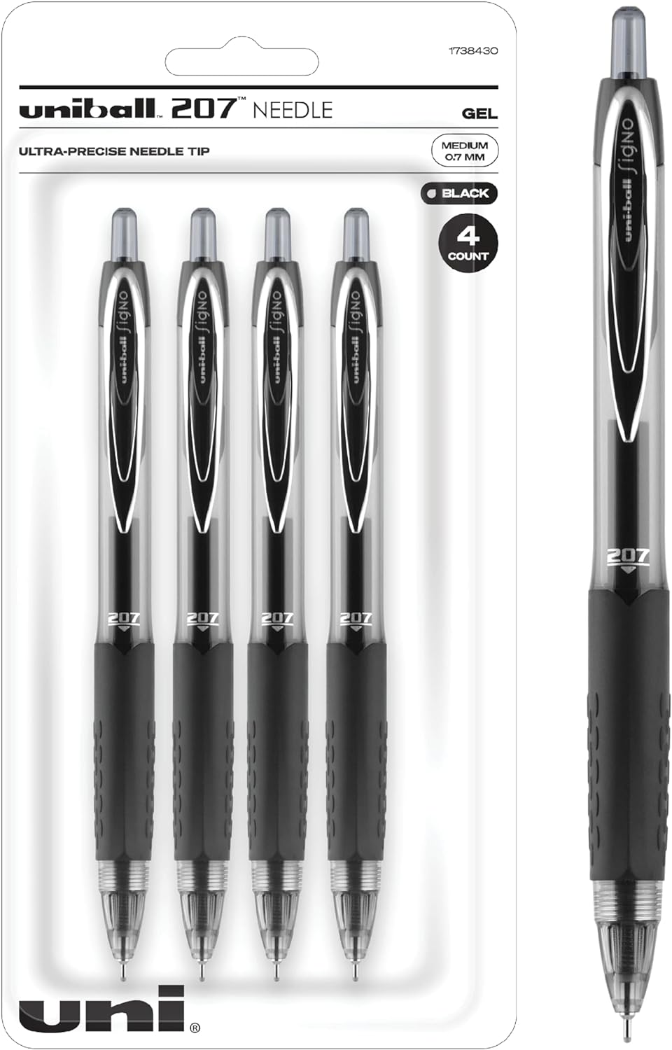 Uniball Signo 207 Needle, Medium Point Gel Pens 4 Pack Black Colored Pens, Pens Fine Point, Smooth Writing, Pens Bulk for Office Supplies, Uniball Sells Gel Pens, Ballpoint Pens, and Ink Pens