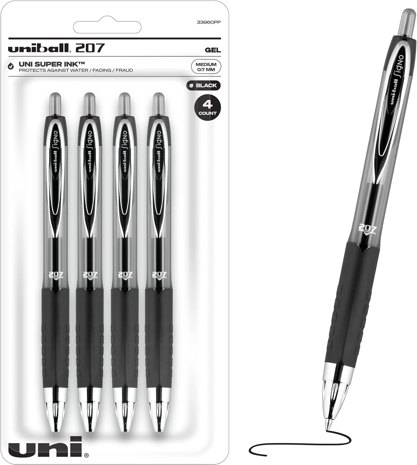 uni-ball Signo Gel 207 Retractable Gel Pens, Medium Point, 0.7 mm, Clear Barrel, Black Ink, Pack Of 4