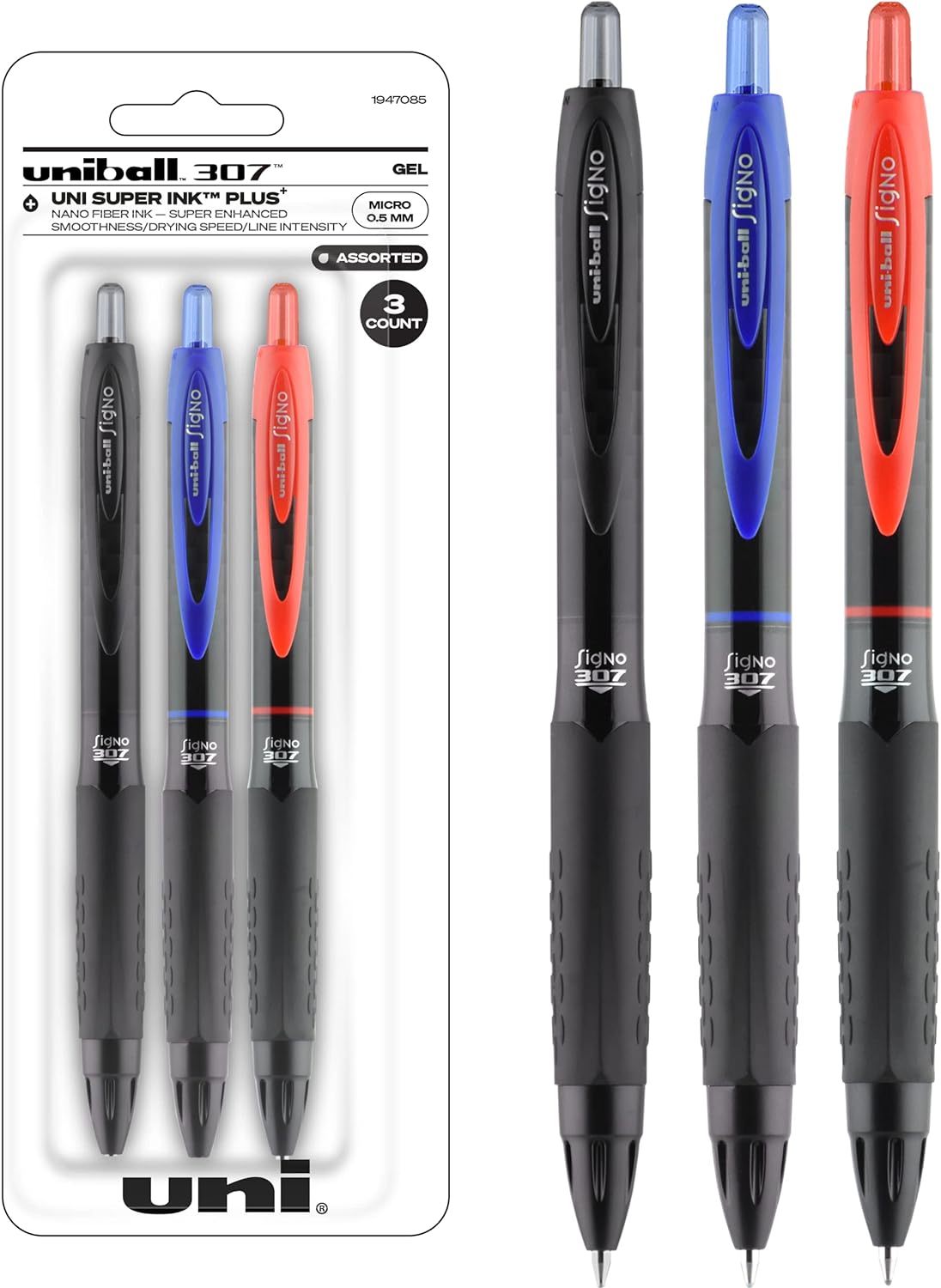 Uniball 307, 0.5mm Micro Point Gel Pens 3 Pack Assorted Colored Pens, Pens Fine Point, Smooth Writing, Pens Bulk for Office Supplies, Uniball Sells Gel Pens, Ballpoint Pens, and Ink Pens