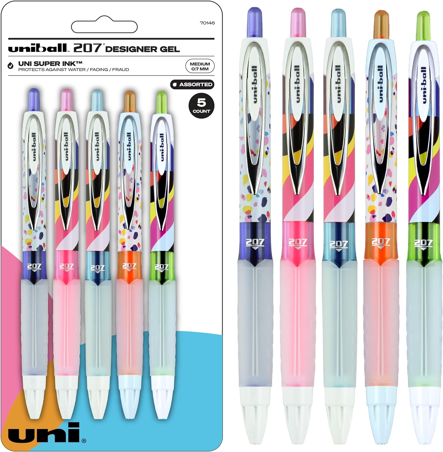 Uniball Signo 207 Designer Retractable Gel Pen, 5 Assorted Ink Pens, 0.7mm Medium Point Gel Pens| Office Supplies, Ink Pens, Colored Pens, Fine Point, Smooth Writing Pens, Ballpoint Pens