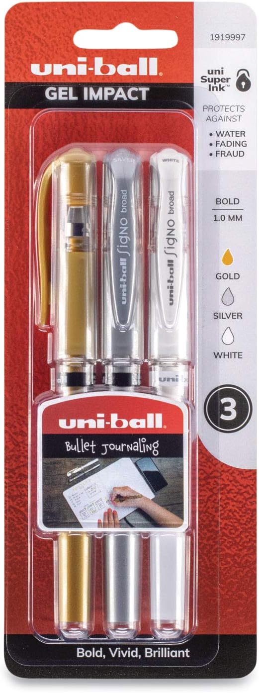 Uni-ball Impact Gel Pens, Bold Point (1.0mm), Assorted Metallic, 3 Count