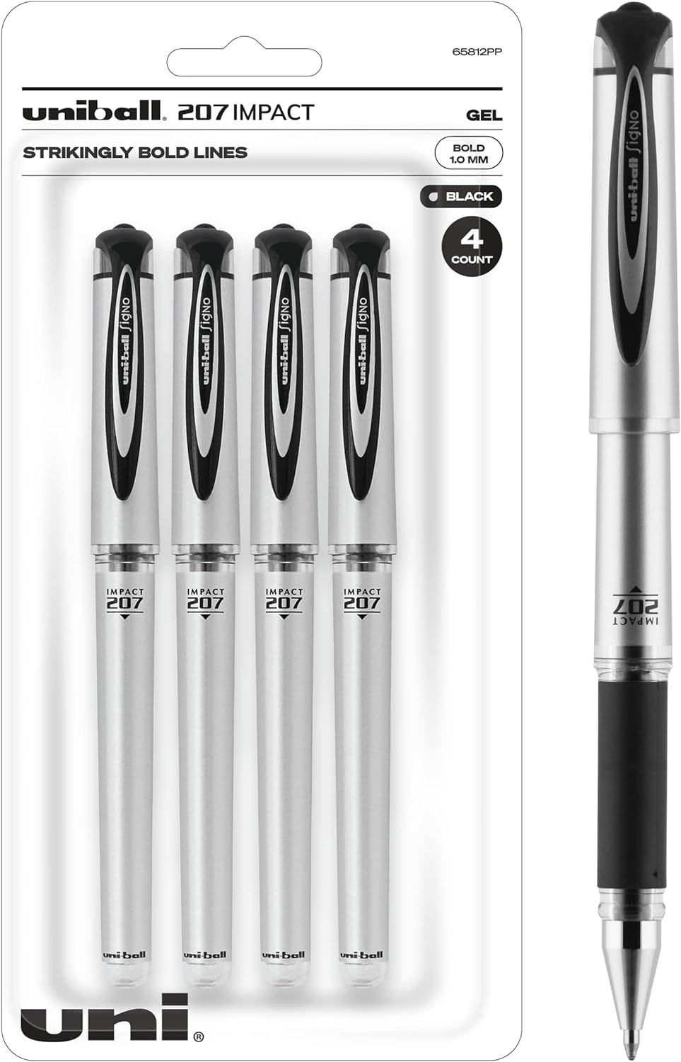 Uniball Signo 207 Impact Gel Pen, 4 Black 1.0mm Bold Point Pens for Smooth Writing - Office Supplies by Uni-ball