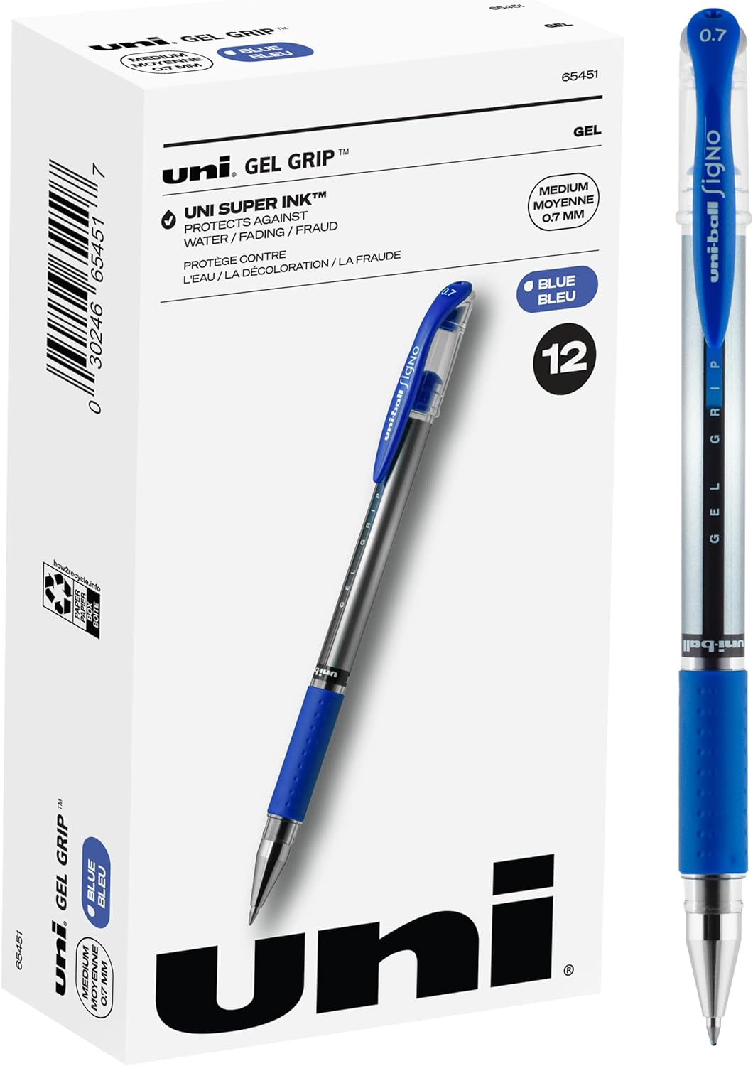 Uniball Signo Gel Grip 12 Pack in Blue, 0.7mm Medium Gel Pens, Try Rollerball Pens, Colored Pens, Office Supplies, Colorful Pens, Blue Pens Ballpoint, Pens Fine Point Smooth Writing Pens